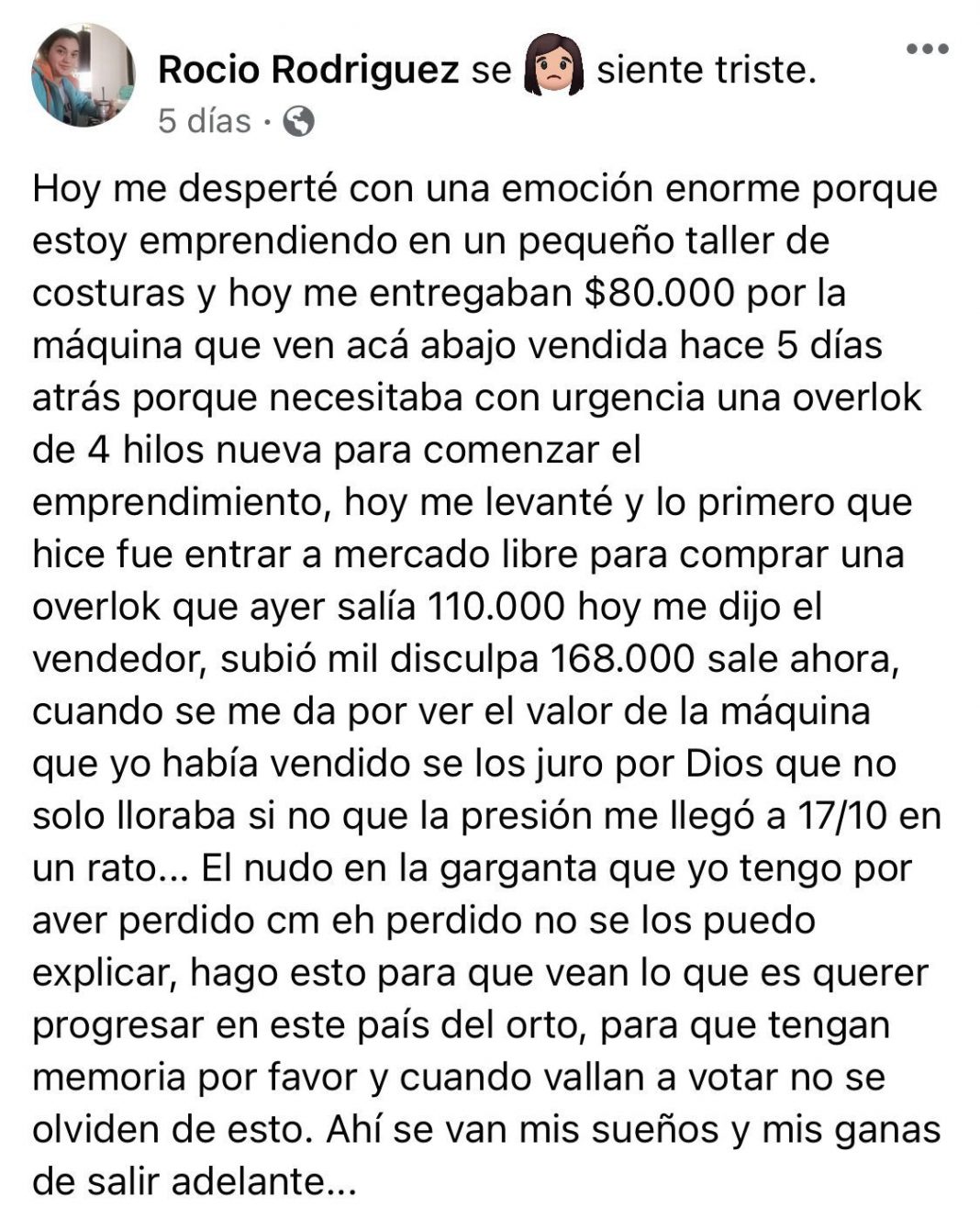 el-final-feliz-de-la-modista-que-perdio-su-maquina-de-coser-por-la-suba-de-precios:-“hay-un-heroe-anonimo”